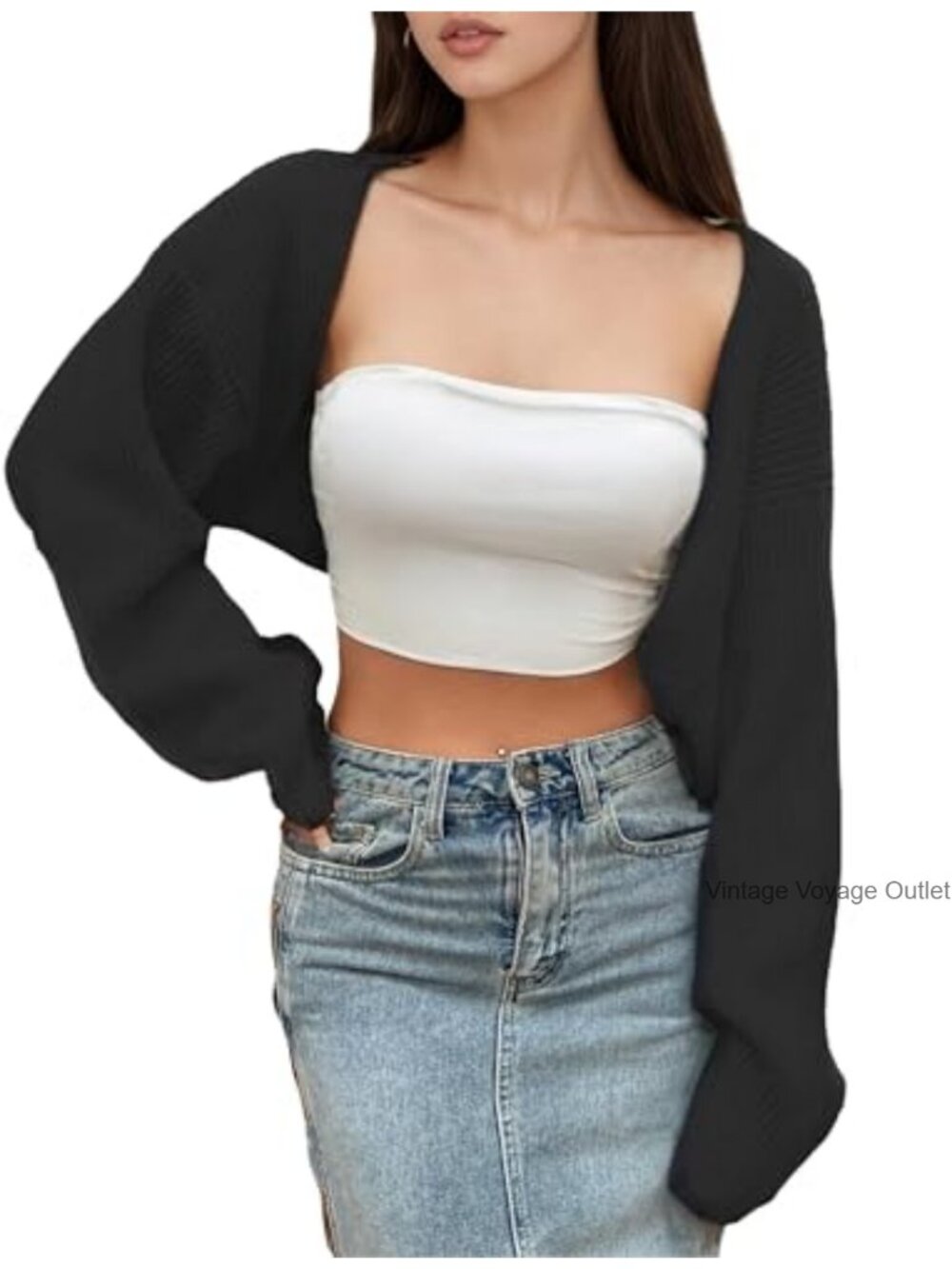 Open Front Rib Knit Shrug Crop Cardigan Drop Shoulder Puff Long Sleeve